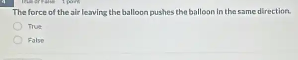 The force of the air leaving the balloon pushes the balloon in the same direction.
True
False