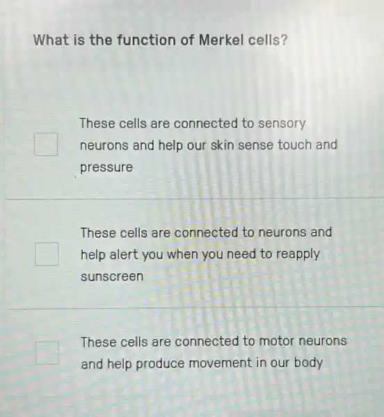 What is the function of Merkel cells?
These cells are connected to sensory
neurons and help our skin sense touch and
pressure
These cells are connected to neurons and
help alert you when you need to reapply
sunscreen
These cells are connected to motor neurons
and help produce movement in our body