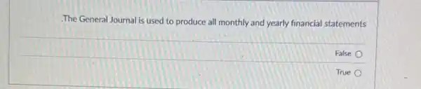 The General Journal is used to produce all monthly and yearly financial statements
False
True