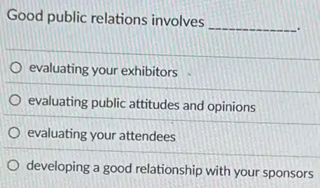 Good public relations involves
__
evaluating your exhibitors
evaluating public attitudes and opinions
evaluating your attendees
developing a good relationship with your sponsors