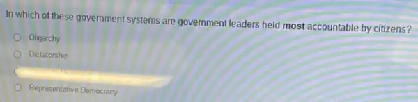 In which of these government systems are government leaders held most accountable by citizens?
Oligarchy
Dictatorship
Representative Democracy