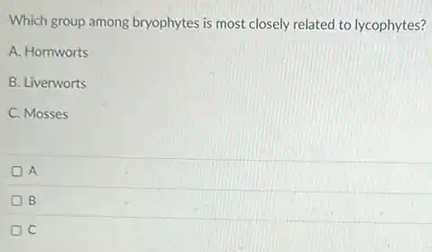 Which group among bryophytes is most closely related to lycophytes?
A. Hornworts
B. Liverworts
C. Mosses
A
B
C