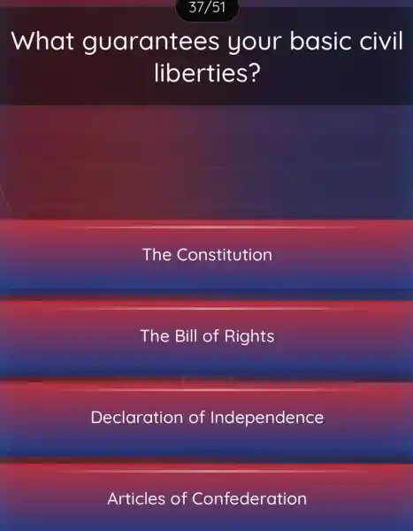 What guarantees your basic civil
liberties?
The Constitution
The Bill of Rights
Declaration of Independence
Articles of Confederation