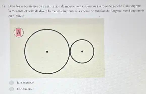 h) Dans les mécanismes de transmission de mouvement ci-dessous (la roue de gauche étant toujours
la menante et celle de droite la menée)indique si la vitesse de rotation de l'organe mené augmente
ou diminue.
A
square 
square 
Elle augmente
Elle diminue