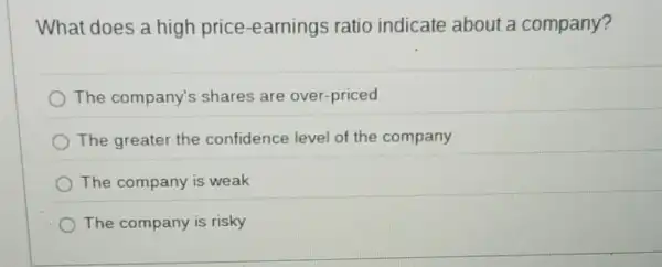 What does a high price-earnings ratio indicate about a company?
The company's shares are over-priced
The greater the confidence level of the company
The company is weak
The company is risky