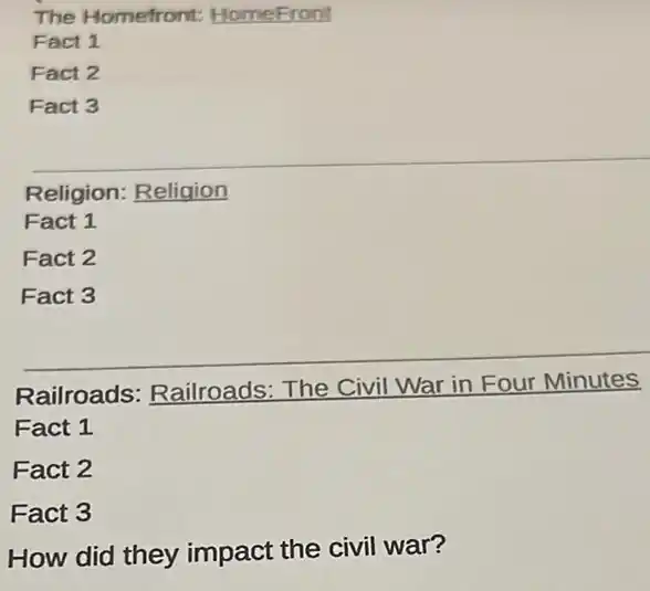 The Homefront HomeFront
Fact 1
Fact 2
Fact 3
Religion: Religion
Fact 1
Fact 2
Fact 3
Railroads Railroads: The Civil War in Four Minutes
Fact 1
Fact 2
Fact 3
How did they impact the civil war?