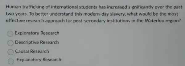 Human trafficking of internationa students has increased significantly over the past
two years. To better understand this modern-day slavery what would be the most
effective research approach for post -secondary institutions in the Waterloo region?
Exploratory Research
Descriptive Research
Causal Research
Explanatory Research