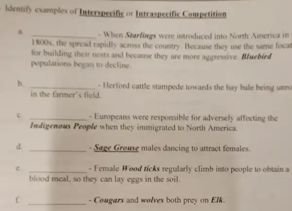 Identify examples of Interspecific or Intraspecific Competition
a. __ - When Starlings were introduced into North America in
1800s, the spread rapidly across the country Because they use the same locat
for building their nests and because they are more aggressive . Bluebird
populations began to deeline
b. __ - Herford cattle stampede towards the hay bale being unro
in the farmer's field.
c. __ - Europeans were responsible for adversely affecting the
Indigenous People when they immigrated to North America.
d. __ - Sage Grouse males dancing to attract females.
c. __ - Female Wood ticks regularly climb into people to obtain a
blood meal, so they can lay eggs in the soil.
If __ - Cougars and wolves both prey on Elk.