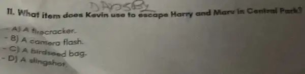 II. What item does Kevin use to escape Harry and Marv in Contral Park?
-A) A firecracker.
- B) A camera flash.
- C) A birdseed bag.
- D) A slingshot.