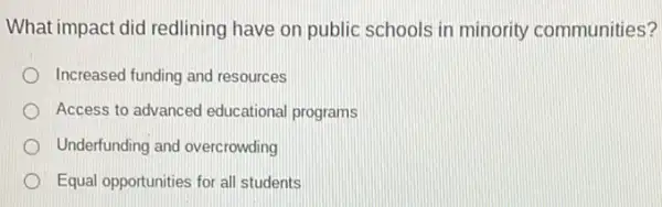 What impact did redlining have on public schools in minority communities?
Increased funding and resources
Access to advanced educational programs
Underfunding and overcrowding
Equal opportunities for al students