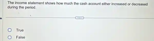 The income statement shows how much the cash account either increased or decreased
during the period.
True
False