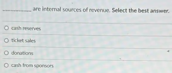 __ are internal sources of revenue. Select the best answer.
cash reserves
ticket sales
donations
cash from sponsors