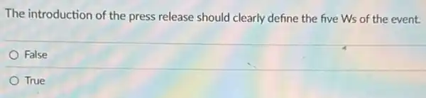 The introduction of the press release should clearly define the five Ws of the event.
False
True