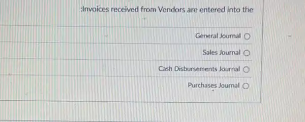 :Invoices received from Vendors are entered into the
General Journal
Sales Journal
Cash Disbursements Journal
Purchases Journal