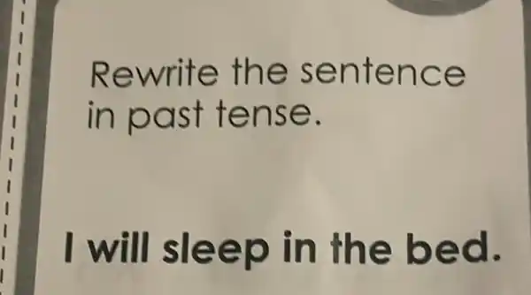 I
Rewrite the sentence
in past tense.
I will sleep in the bed.