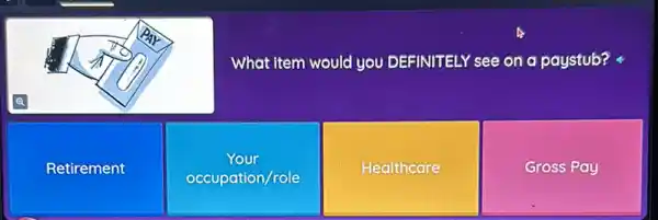 What item would you DEFINITELY see on a paystub?
Retirement
Your
occupation/role
Healthcare
Gross Pay