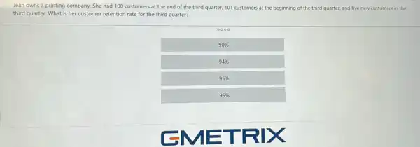 Jean owns a printing company. She had 100 customers at the end of the third quarter,101 customers at the beginning of the third quarter, and five new customers in the
third quarter. What is her customer retention rate for the third quarter?
0000
90% 
94% 
95% 
96%