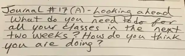 Journal #17 (A) - Looking ahead What do you need to do for all your classes in the next two weeks? How do you think you are doing?