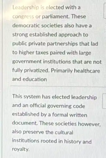 Leadership is elected with a
congress or parliament.These
democratic societies also have a
strong established approach to
public private partnerships that lad
to higher taxes paired with large
government institutions that are not
fully privatized. Primarily healthcare
and education
This system has elected leadership
and an official governing code
established by a formal written
document. These societies however.
also preserve the cultural
institutions rooted in history and