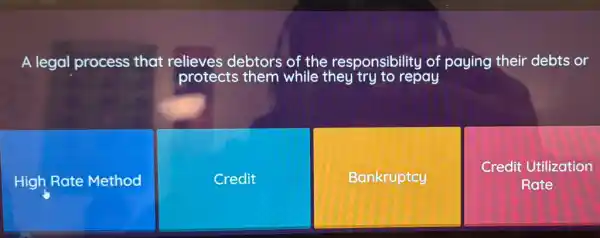 A legal process that relieves debtors of the responsibility of paying their debts or
protects them while they try to repay
High Rate Method
Credit
Bankruptcy
Credit Utilization
Rate