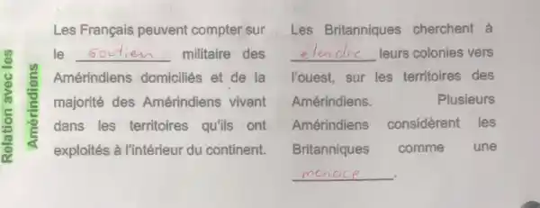 Les Français peuvent compter sur Les Britanniques cherchent à
le __ militaire des __ leurs colonies vers
Amérindiens domiciliés et de la l'ouest, sur les territoires des
majorité des Amérindiens vivant Amérindiens.	Plusieurs
dans les territoires qu'ils ont Amérindiens considèrent les
exploités à l'intérieur du continent. Britanniques comme une
__