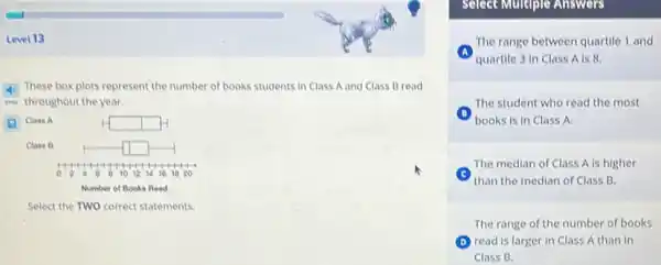 Level 13
These box plots represent the number of books students in Class A and Class B read
teta throughout the year.
Class A
square 
square 
Select the TWO correct statements.
Select Multiple Answers
The range between quartile 1 and
quartile 3 in Class A is 8.
D
books is in Class A.
The student who read the most
C
than the median of Class B.
The median of Class A is higher
The range of the number of books
D read is larger in Class A than in
Class B.