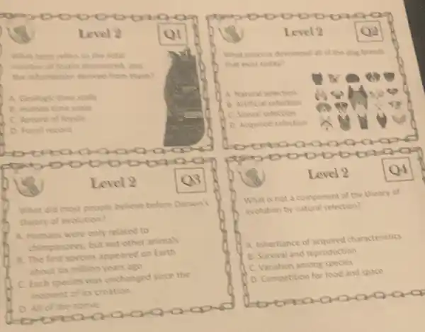 Level 2
What teim reters to the total number of tasiks discovered, and the information derived from them?
A. Geologic time scale
8. Human time scale
C. Record of fossils
D. Fosel record
Level 2
Q3
What is not a component of the theory of evolution by natural selection?
A. Inheritance of acquired characteristics
B. Survival and reproduction
C. Variation among species
D. Competition for food and space
What is not a component of the theory of evolution by natural selection?
A. Inheritance of acquired characteristics
B. Survival and reproduction
C. Variation among species
D. Competition for food and space