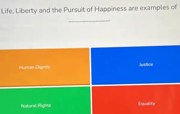 Life, Liberty and the Pursuit of Happiness are examples of
__
Human Dignity
Justice
Natural Rights
Equality