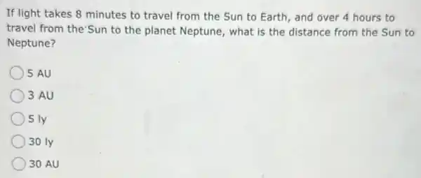 If light takes 8 minutes to travel from the Sun to Earth , and over 4 hours to
travel from the'Sun to the planet Neptune , what is the distance from the Sun to
Neptune?
5 AU
3 AU
5 ly
30 ly
30 AU