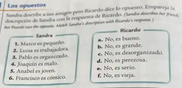 Los opuestos
Sandra describe a sus amigos pero Ricardo dice lo opuesto Empareja la
descripción de Sandra con la respuesta de Ricardo. (Sandra describes her friends
but Ricardo says the opposite. Match Sandra s description with Ricardo's response.)
Sandra
1. Marco es pequeño.
2. Luisa es trabajadora.
3. Pablo es organizado.
4. Joaquín es malo.
5. Anabel es joven.
6. Francisco es cómico.
Ricardo
a. No, es bueno.
b. No, es grande.
c. No, es desorganizado.
d. No, es perezosa.
e. No, es serio.
f. No, es vieja.