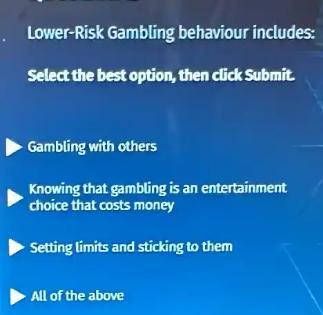 Lower-Risk Gambling behaviour includes:
Select the best option then click submit.
Gambling with others
D
choice that costs money
Knowing that gambling is an entertainment
Setting limits and sticking to them
All of the above