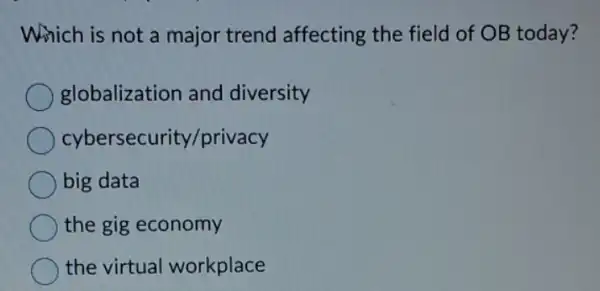 Which is not a major trend affecting the field of OB today?
globalization and diversity
cybersecurity privacy
big data
the gig economy
the virtual workplace