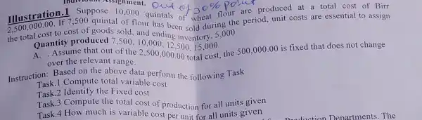 maryoual Assignment.O
Illustration.I some signment. Out of
30%  produce produced at a total cost of Birr
Illustration.1 soo quintal of flour has been sold during the period,unit costs are essential to assign
2,500,000.00
to cost of goods sold , and 000
Quantity produced 7.500,10,000,12,500,15,000
A. Assume that out
7,500,10,000,12,500,15,000
the 500,000 .00 is fixed that does not change
over the relevant range.
Instruction: Based on the above data perform the following Task
Task.1 Compute total variable cost
Task.2 Identify the Fixed cost
Task.3 Compute the total cost of production for all units given
Task.4 How much is variable cost per unit for all units given