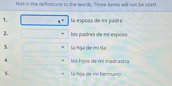 Match the definitions to the words. Three items will not be used.
square  la esposa de mi padre
square  los padres de mi esposo
3. square  la hija de mi tía
4. square  los hijos de mi madrastra
5. square  la hija de mi hermano