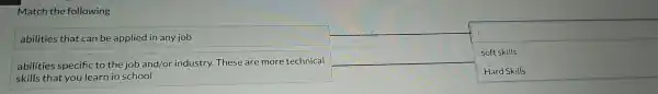 Match the fol lowing
abilities tr at can be applie ed in any job
abilities speci fic to the job and/or ir dust ry. These are more technical
skills that you lear the job an
square 
square  soft skills