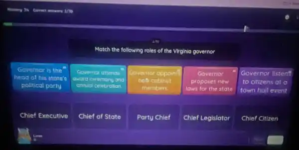 Match the following roles of the Virginia governor
Governor is the
head of his state's
political party
Governor attends
award ceremony and
annual celebration
Governor oppoints
not cabinot
members
Governor
proposes new
laws for the state
Governor listens
to citizens at a
town hall event
Chief Executive
Chief of State
Party Chlef
Chlef Legislator
Chief Citizen