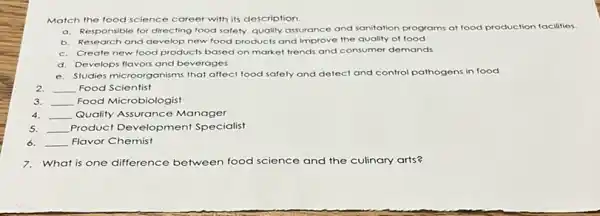 Match the food science career with its description.
a. Responsible for directing food safety, quality assurance and sanitation programs at food production facilities
b. Research and develop new food products and Improve the quality of food
c. Create new lood products based on market trends and consumer demands
d. Develops flavors and beverages
e. Studies microorganisms that affect food safety and detect and control pathogens in food
2. __ Food Scientist
3. __ Food Microbiologist
4. __ Quality Assurance Manager
5. __ Product Development Specialist
6. __ Flavor Chemist
7.What is one difference between food science and the culinary arts?