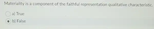 Materiality is a component of the faithful representation qualitative characteristic.
a) True
b) False