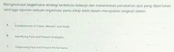 Mengevaluasi bagaimana strategi terdahulu bekerja dan menentukan perubahan apa yang diperlukan
sehingga laporan sebuah organisasi perlu dikaj lebih dalam merupakar langkah dalam
A
Establishment of Vision, Mission and Goals
B
Identifying Past and Present Strategies
C c
Diagnosing Past and Present Performance