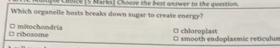 Milk Manage Choice is Marks] Choose the best answer to the question.
Which organelle hosts breaks down sugar to create energy?
mitochondria
Chloroplast
ribosome
D smooth endoplasmic reticulum