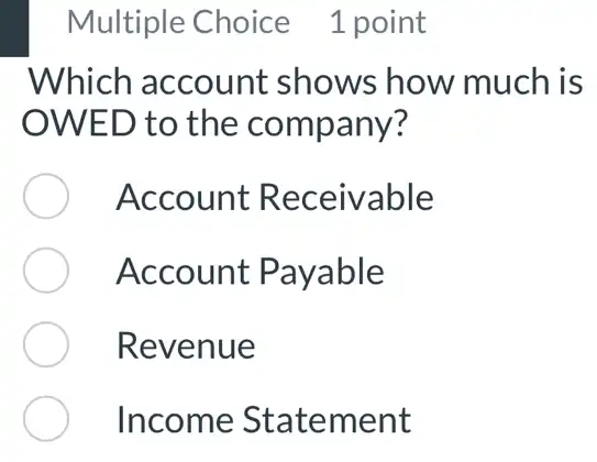 Multiple Choice 1 point
Which account shows how much is
OWED to the company?
Account : Receivable
Account Payable
Revenue
Income Statement