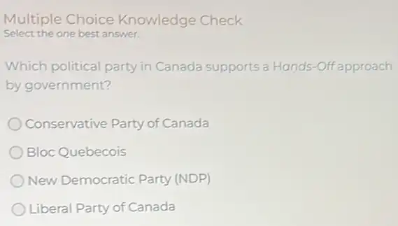 Multiple Choice Knowledge Check
Select the one best answer.
Which political party in Canada supports a Hands -Off approach
by government?
Conservative Party of Canada
Bloc Quebecois
New Democratic Party (NDP)
Liberal Party of Canada