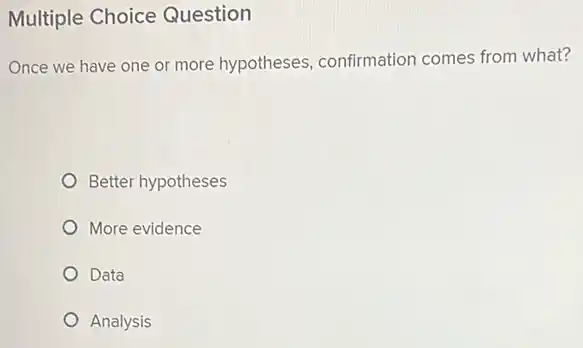 Multiple Choice Question
Once we have one or more hypotheses confirmation comes from what?
Better hypotheses
More evidence
Data
Analysis