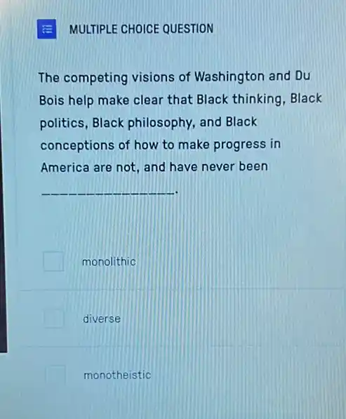 MULTIPLE CHOICE QUESTION
The competing visions of Washington and Du
Bois help make clear that Black thinking, Black
politics, Black philosophy,and Black
conceptions of how to make progress in
America are not, and have never been
__
monolithic
diverse
monotheistic