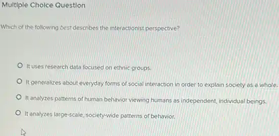 Multiple Cholce Question
Which of the following best describes the interactionist perspective?
It uses research data focused on ethnic groups.
It generalizes about everyday forms of social interaction in order to explain society as a whole.
It analyzes patterns of human behavior viewing humans as independent, individual beings.
It analyzes large-scale, society-wide patterns of behavior.