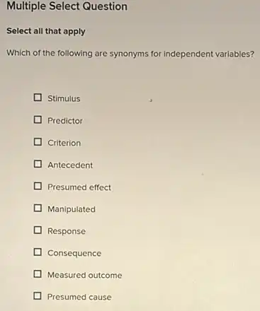 Multiple Select Question
Select all that apply
Which of the following are synonyms for independent variables?
Stimulus
Predictor
Criterion
Antecedent
Presumed effect
Manipulated
Response
Consequence
Measured outcome
Presumed cause