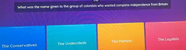 What was the name given to the group of colonists who wanted complete independence from Britain:
The Conservatives
The Undecideds
The Patriots
The Loyalists