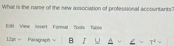 What is the name of the new association of professional accountants?
Edit View Insert Format Tools Table