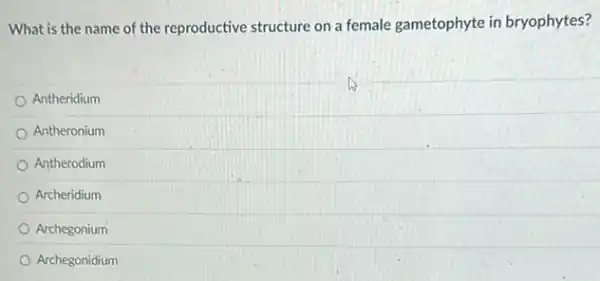 What is the name of the reproductive structure on a female gametophyte in bryophytes?
Antheridium
Antheronium
Antherodium
Archeridium
Archegonium
Archegonidium