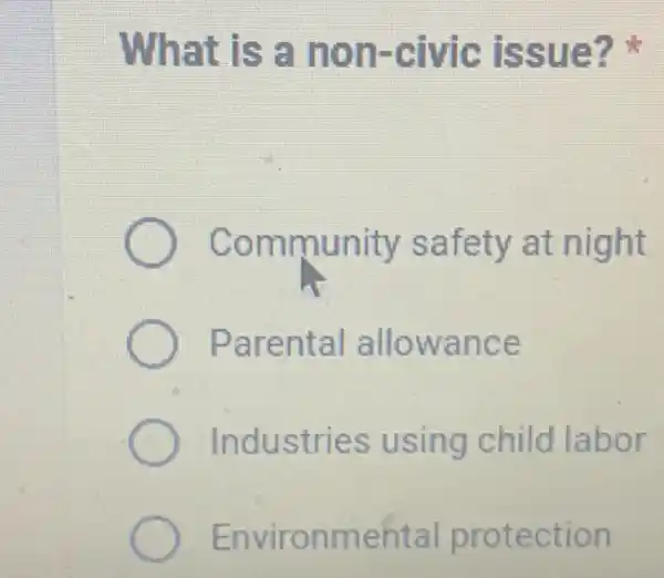 What is a non-civic issue?
Community safety at night
Parental allowance
Industries using child labor
Environmental protection